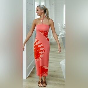 Torn by Ronny Kobo Lola Print Bodycon Midi-Dress in Coral Reef Pink